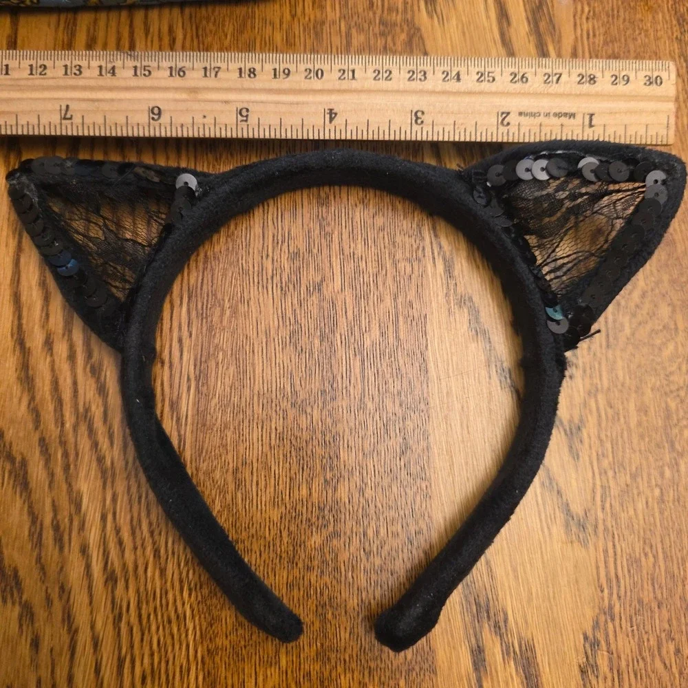 Black Lace Sequin Cat Ear Headband Costume Accessory Adult One Size Kitten